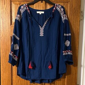 LOFT Blue Boho Embroidered Blouse